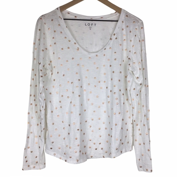 LOFT Top Shimmer Gold Dot Long Sleeve Scoop Neck Metallic Sheer Soft Size Medium - Picture 2 of 13